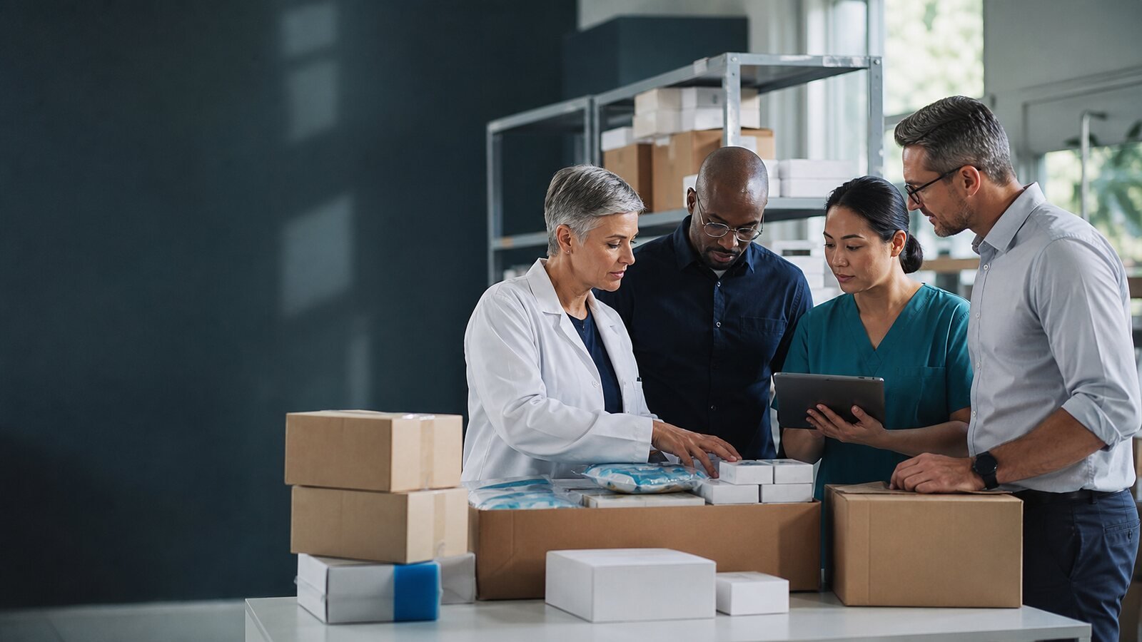 Healthcare and logistics professionals reviewing medical supplies