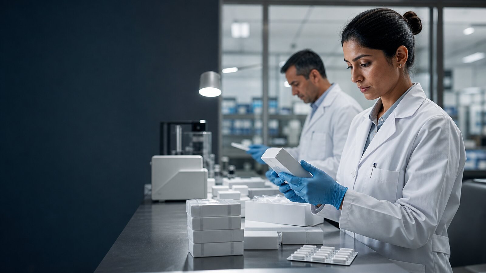 Pharmaceutical professionals inspecting unbranded medical packaging